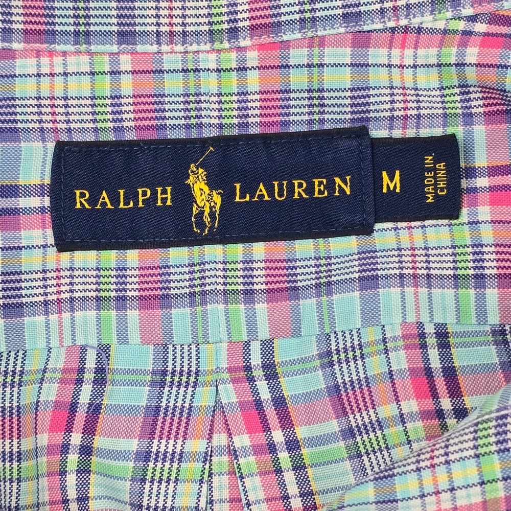Ralph Lauren Mens Medium Plaid Button Down Shirt Blue Pink Pony Long Sleeve M - Picture 7 of 9